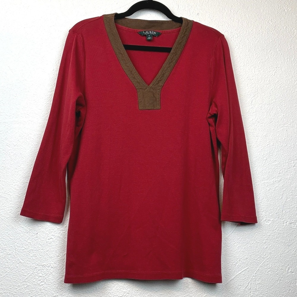 Lauren Ralph Lauren Red V-Neck Top - XL - Suede Trim 3/4 Sleeve